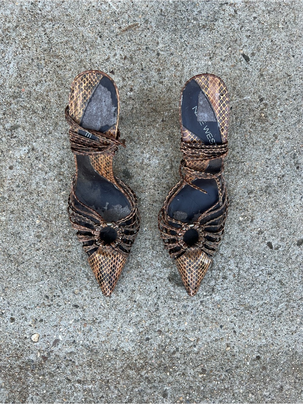 Woven Pointed-Toe Lace Up Heels in Brown Snakeskin